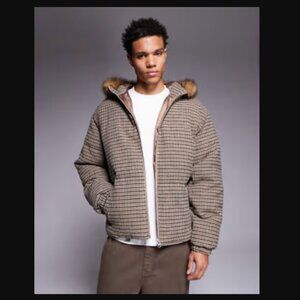 ASOS DESIGN Puffer Jacket Heritage Plaid Faux Fur Hood Brown Medium NEW WITH TAG